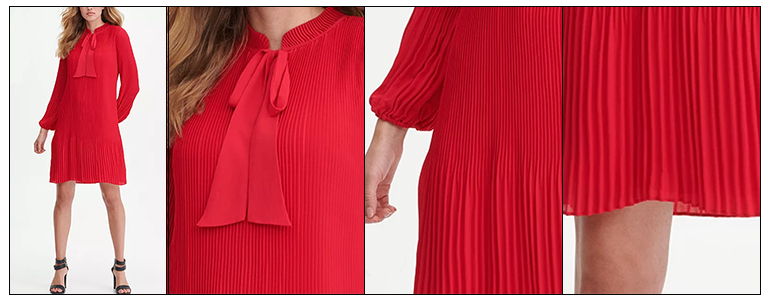 DKNY Long Sleeve Tie Neck Pleated Shift Dress